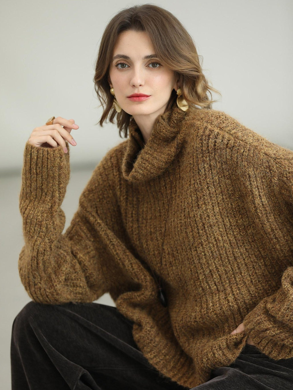 COCOBELLA Cozy Thick Ribbed Fancy Yarn Loose Fit Office Turtleneck Knit Sweater