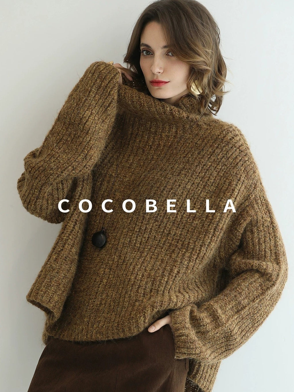 COCOBELLA Cozy Thick Ribbed Fancy Yarn Loose Fit Office Turtleneck Knit Sweater