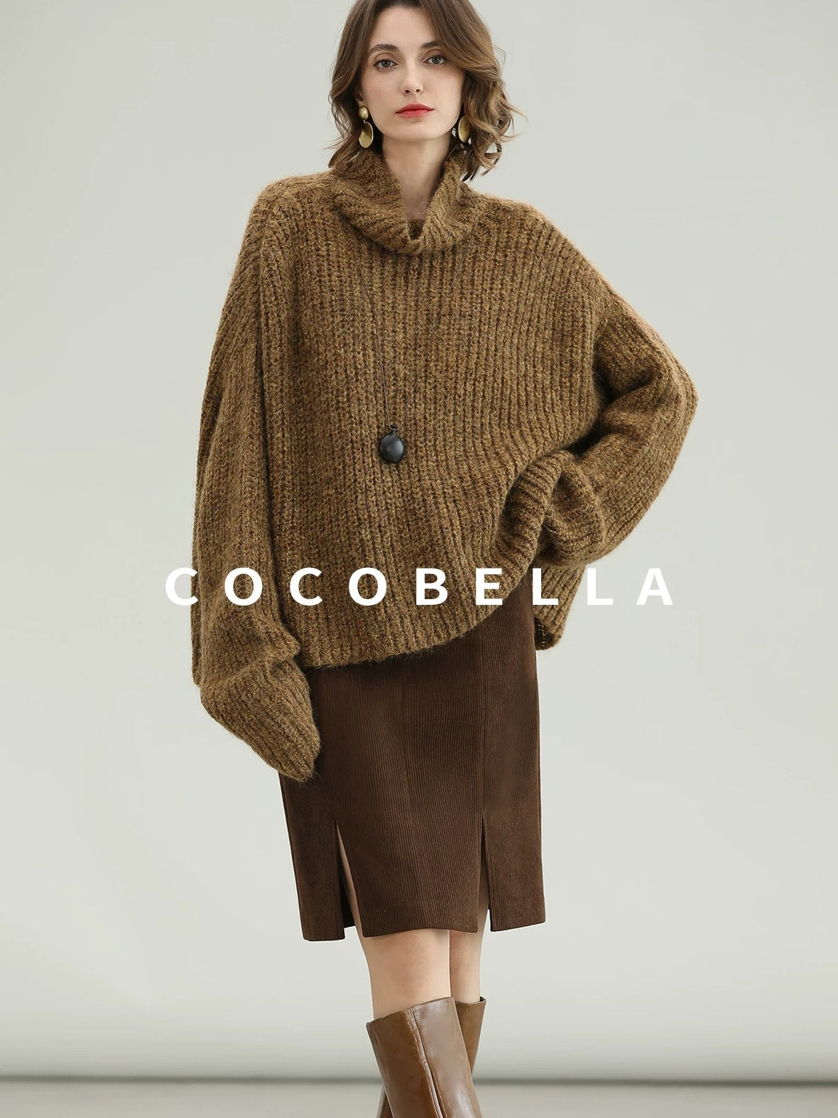 COCOBELLA Cozy Thick Ribbed Fancy Yarn Loose Fit Office Turtleneck Knit Sweater