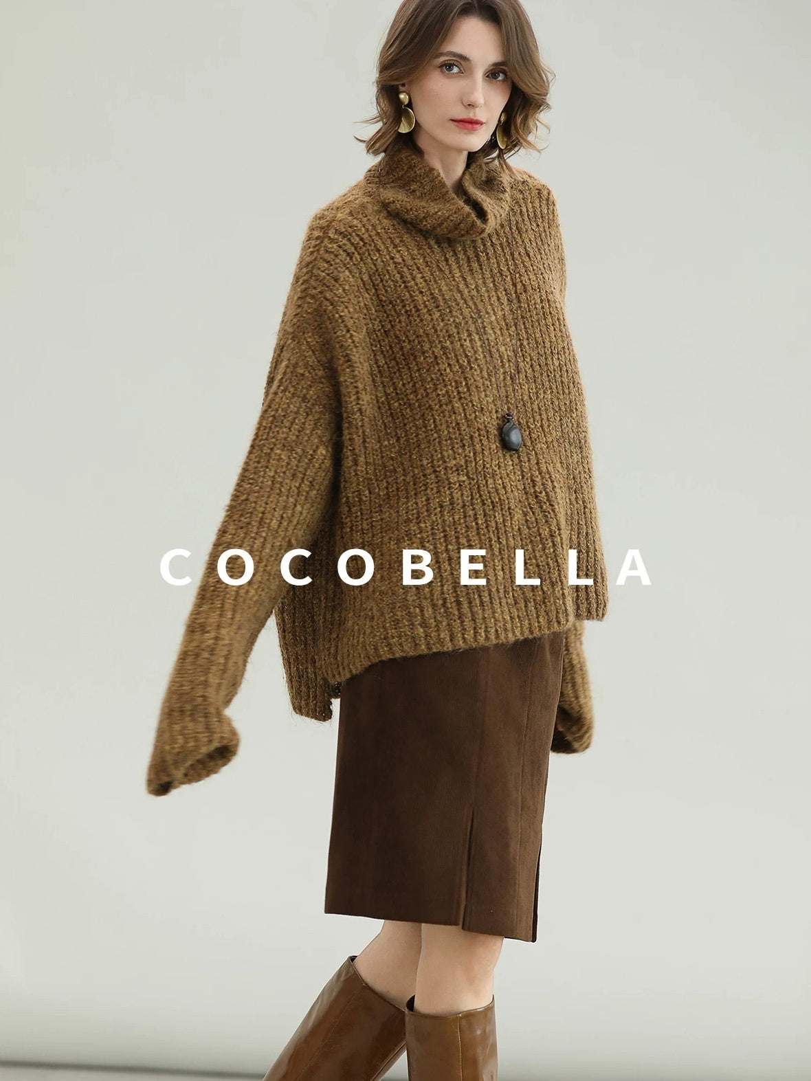 COCOBELLA Cozy Thick Ribbed Fancy Yarn Loose Fit Office Turtleneck Knit Sweater