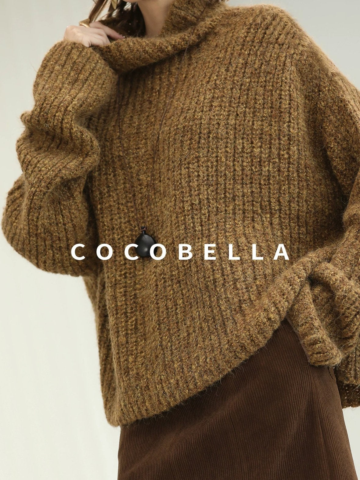 COCOBELLA Cozy Thick Ribbed Fancy Yarn Loose Fit Office Turtleneck Knit Sweater