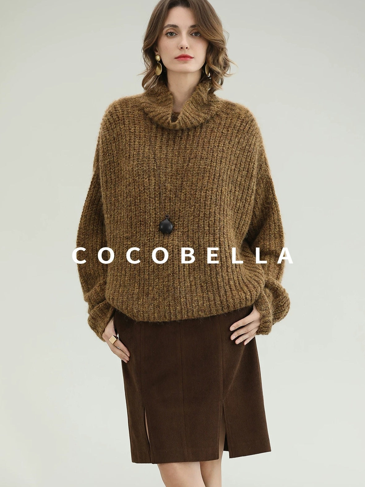 COCOBELLA Cozy Thick Ribbed Fancy Yarn Loose Fit Office Turtleneck Knit Sweater