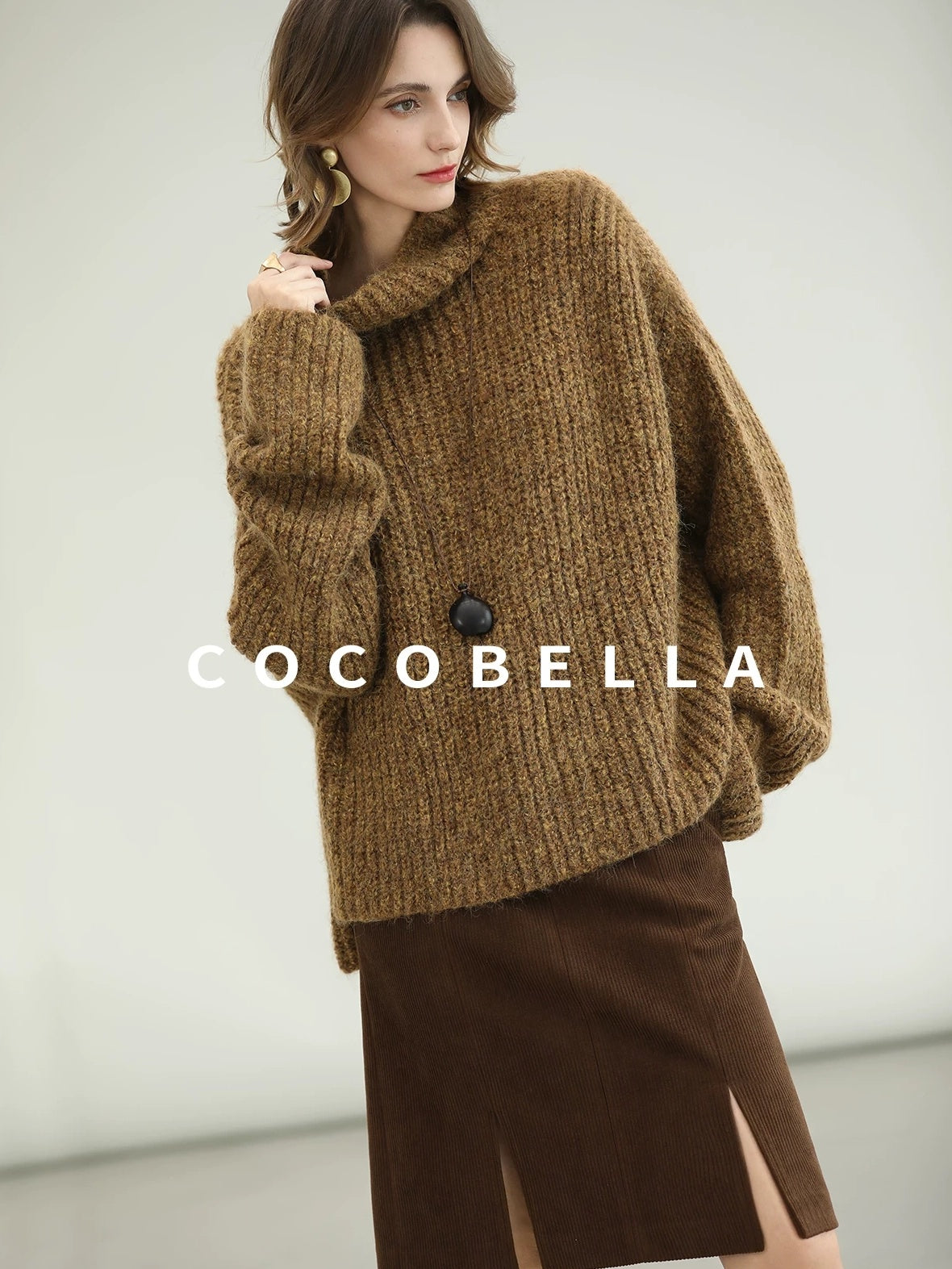 COCOBELLA Cozy Thick Ribbed Fancy Yarn Loose Fit Office Turtleneck Knit Sweater