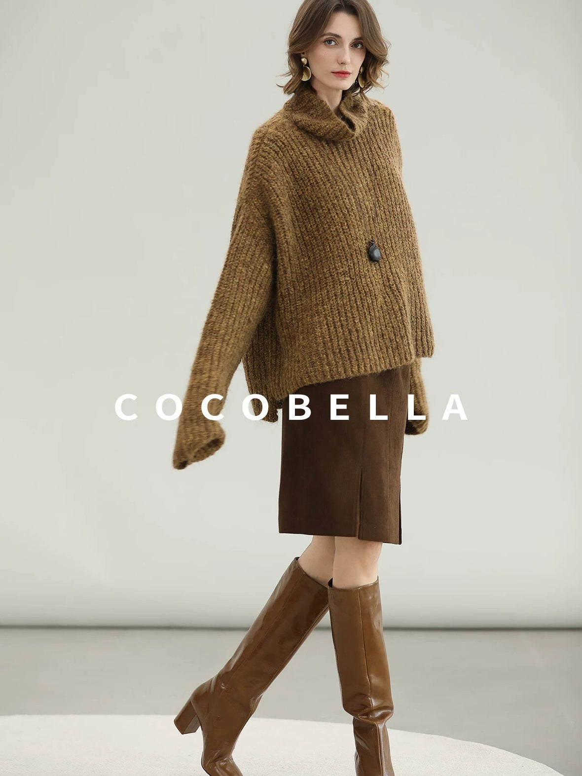 COCOBELLA Cozy Thick Ribbed Fancy Yarn Loose Fit Office Turtleneck Knit Sweater