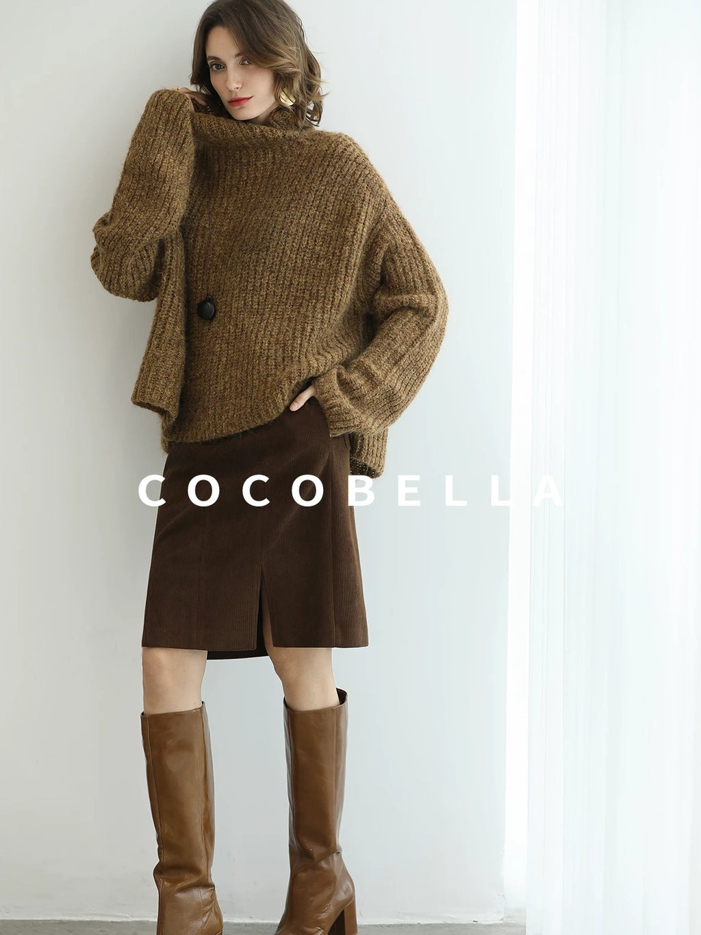 COCOBELLA Cozy Thick Ribbed Fancy Yarn Loose Fit Office Turtleneck Knit Sweater