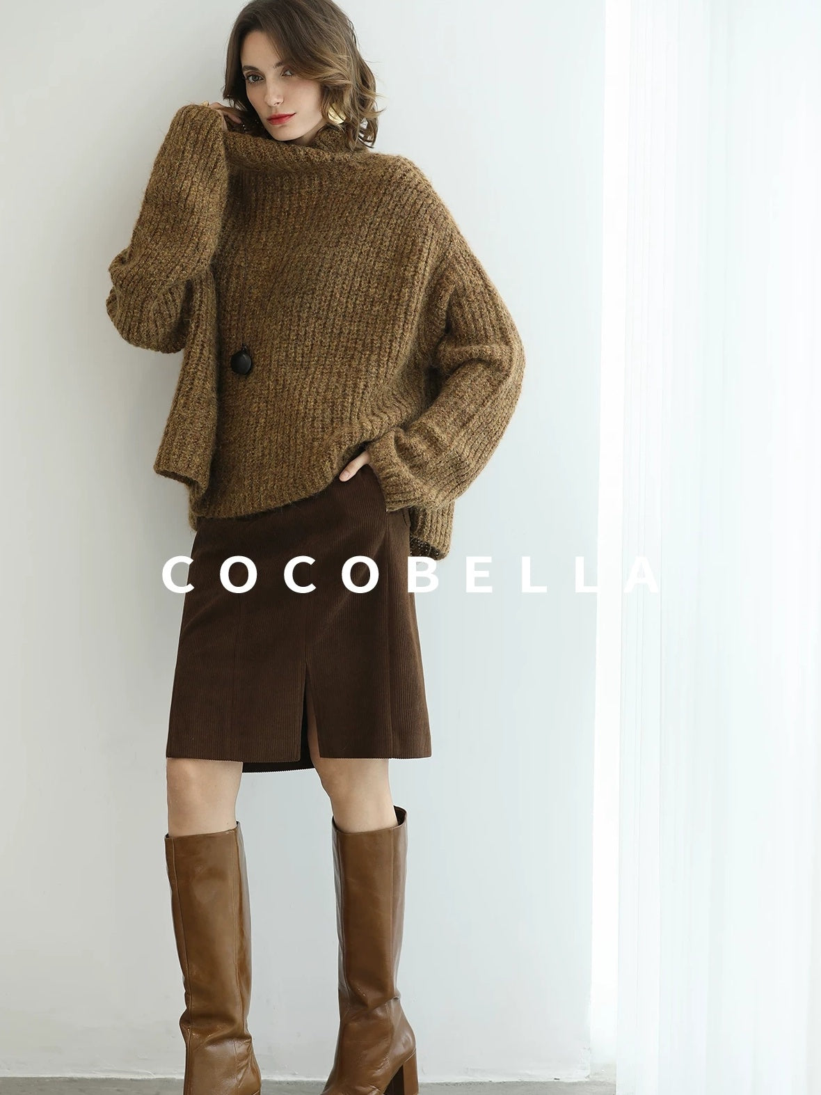 COCOBELLA Cozy Thick Ribbed Fancy Yarn Loose Fit Office Turtleneck Knit Sweater