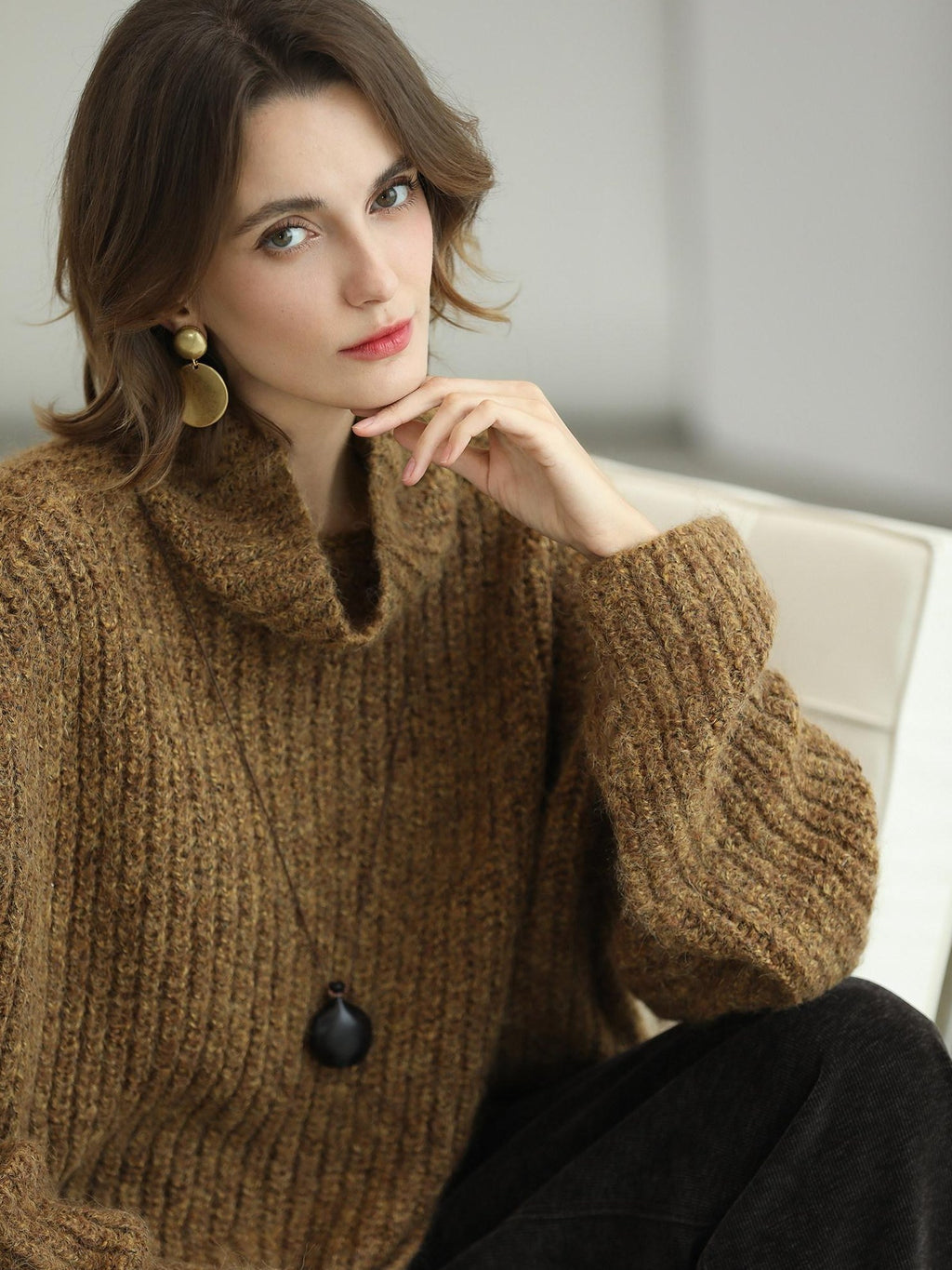 COCOBELLA Cozy Thick Ribbed Fancy Yarn Loose Fit Office Turtleneck Knit Sweater