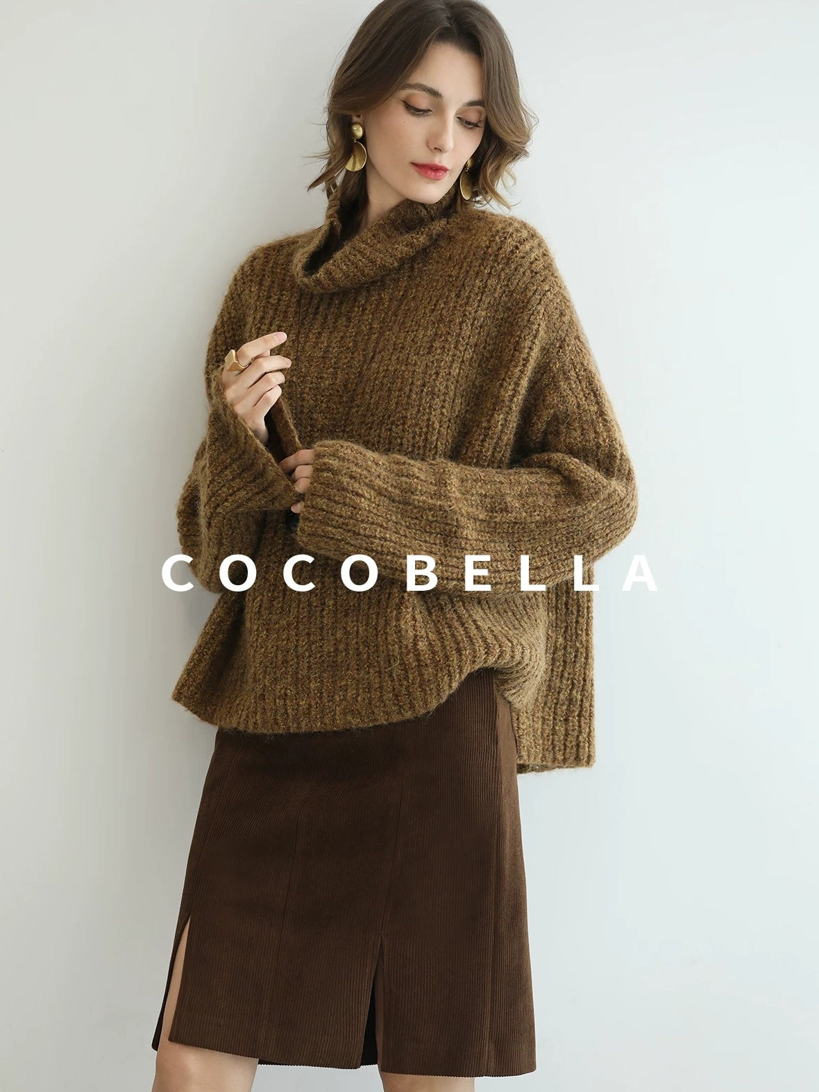 COCOBELLA Cozy Thick Ribbed Fancy Yarn Loose Fit Office Turtleneck Knit Sweater