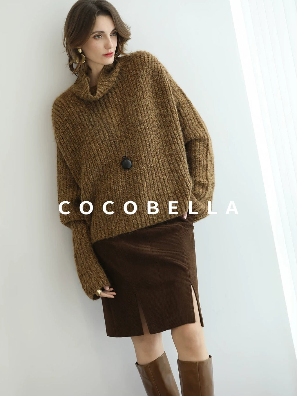 COCOBELLA Cozy Thick Ribbed Fancy Yarn Loose Fit Office Turtleneck Knit Sweater