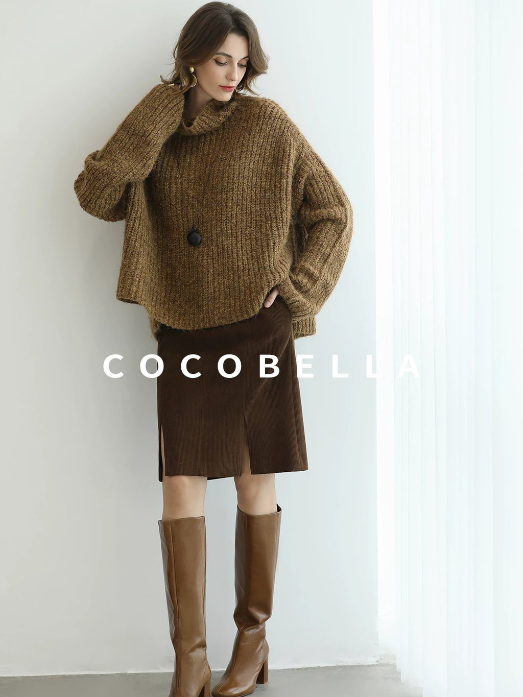 COCOBELLA Cozy Thick Ribbed Fancy Yarn Loose Fit Office Turtleneck Knit Sweater