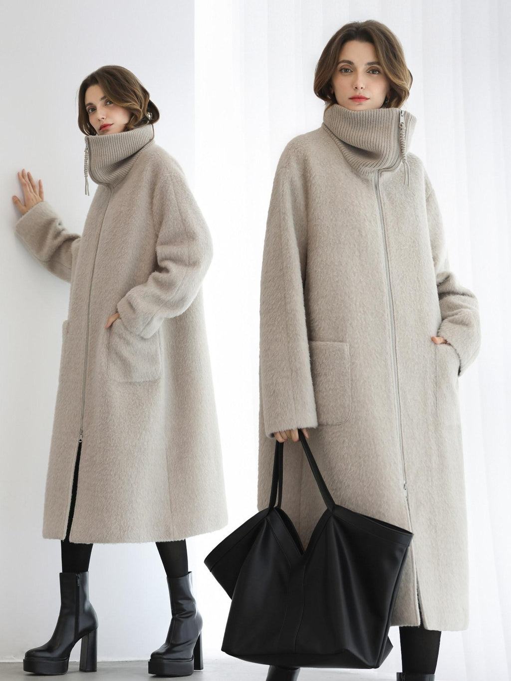 COCOBELLA Cozy Wool Blend Relaxed Fit Stand Collar Long Zipper Pocket Office Oatmeal Coats