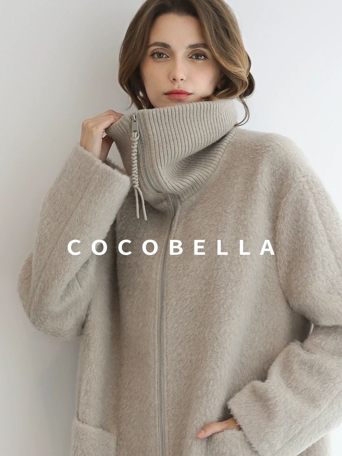 COCOBELLA Cozy Wool Blend Relaxed Fit Stand Collar Long Zipper Pocket Office Oatmeal Coats