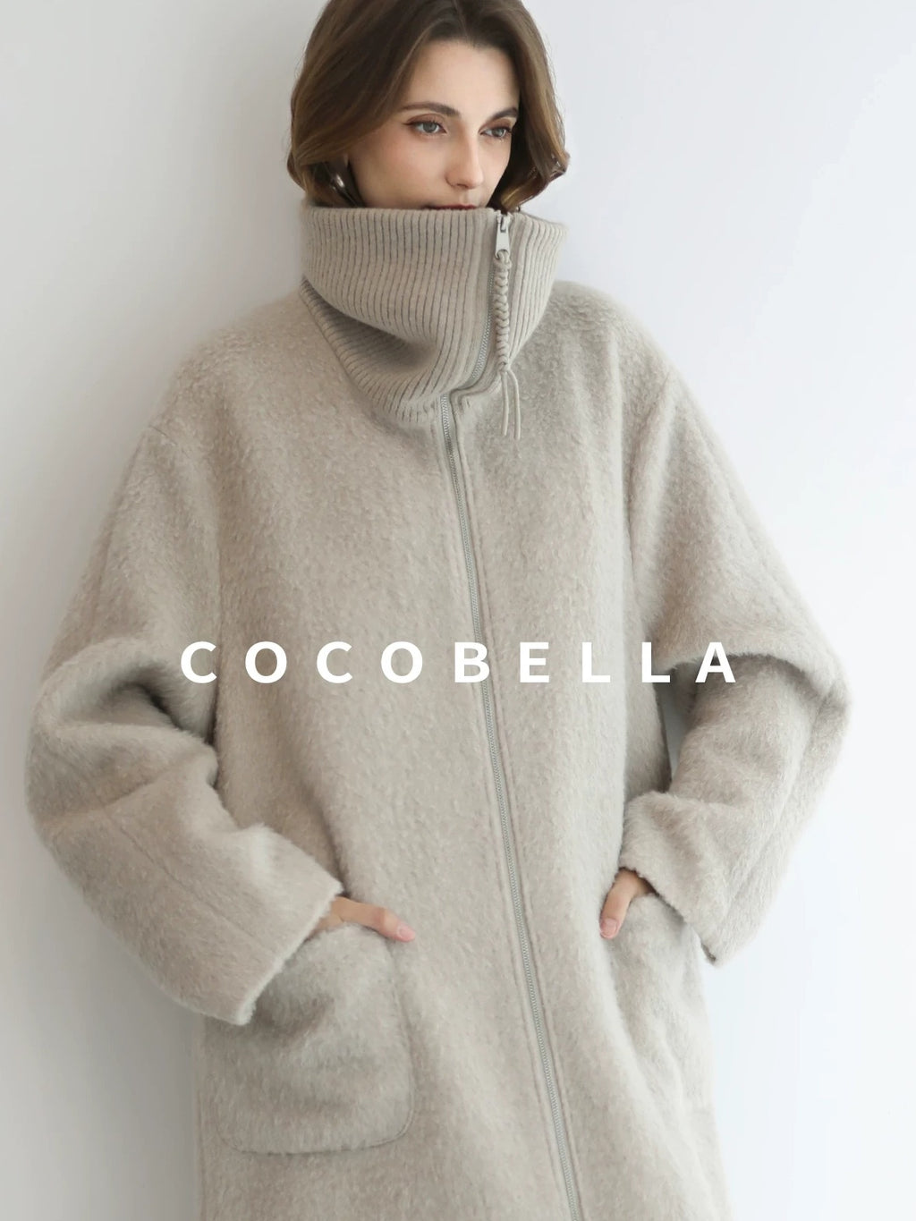 COCOBELLA Cozy Wool Blend Relaxed Fit Stand Collar Long Zipper Pocket Office Oatmeal Coats