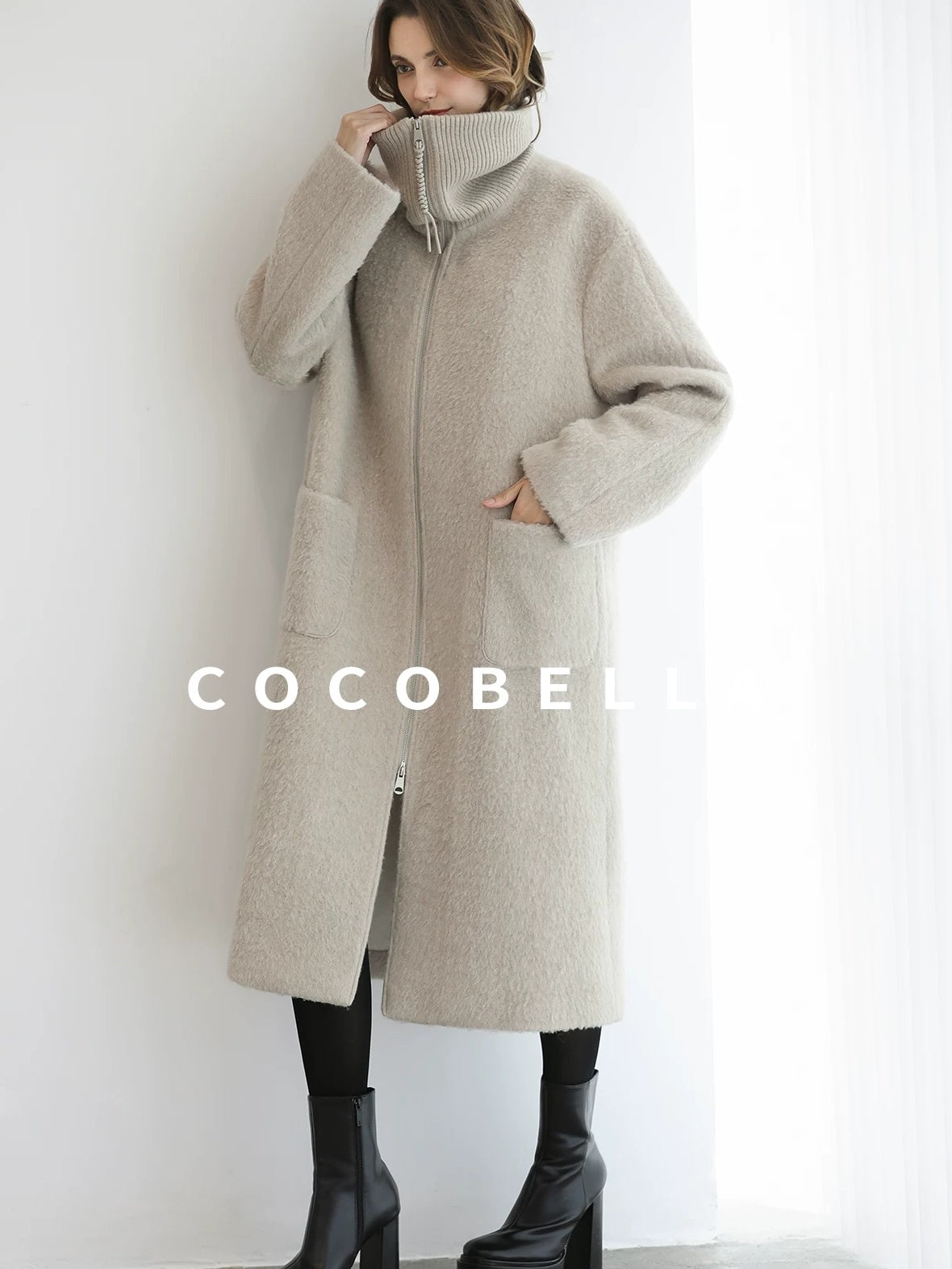 COCOBELLA Cozy Wool Blend Relaxed Fit Stand Collar Long Zipper Pocket Office Oatmeal Coats