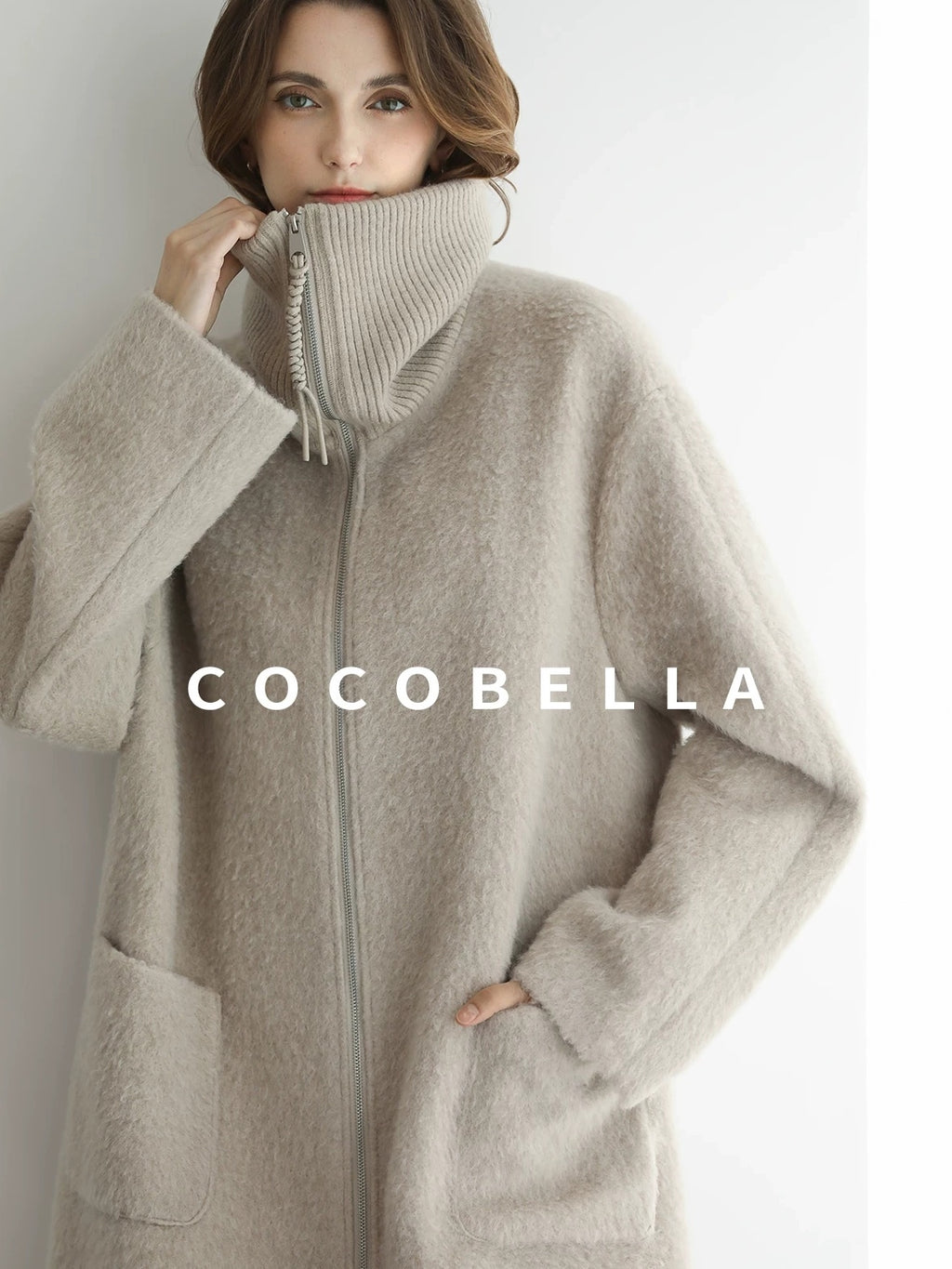 COCOBELLA Cozy Wool Blend Relaxed Fit Stand Collar Long Zipper Pocket Office Oatmeal Coats