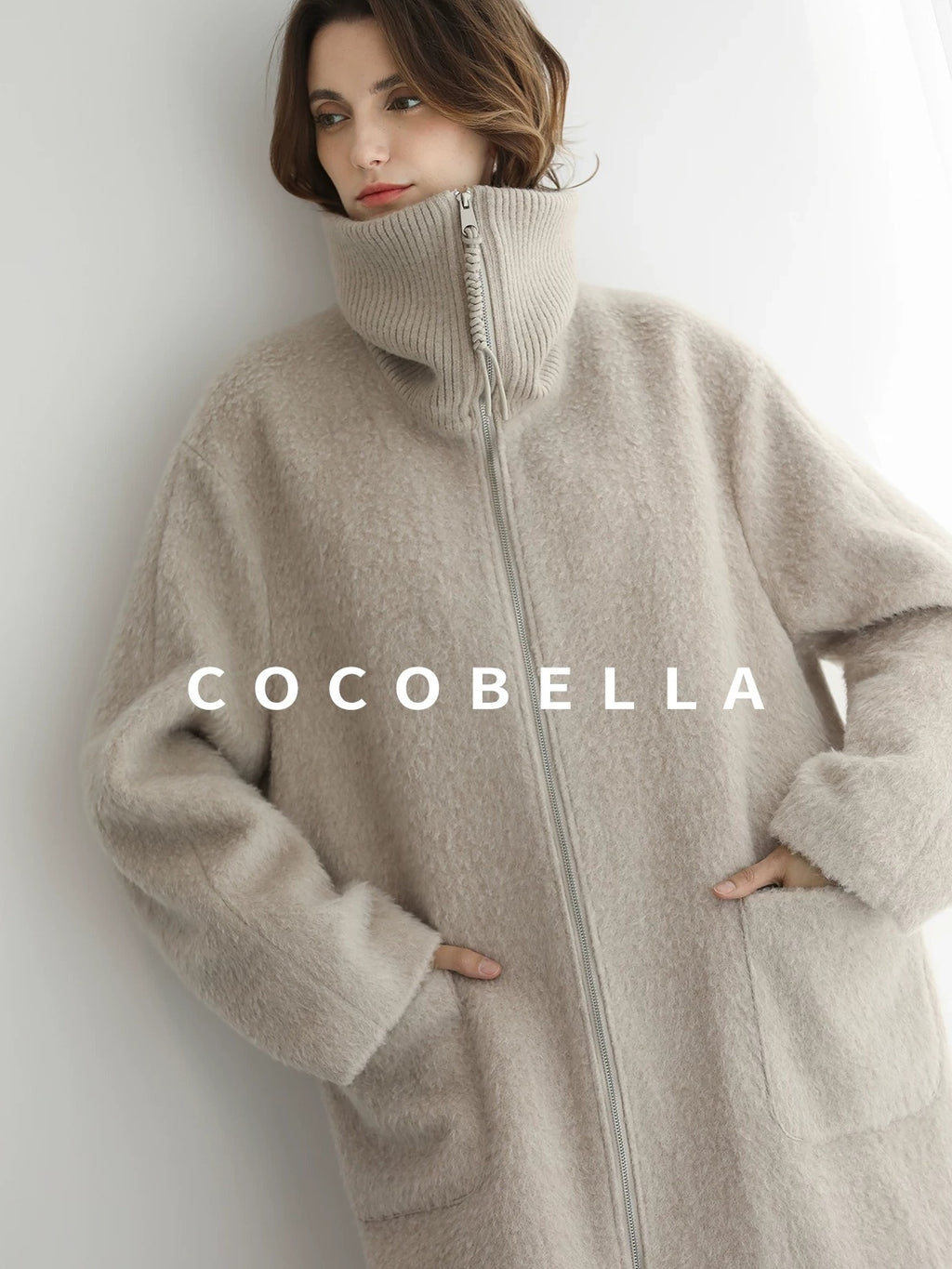COCOBELLA Cozy Wool Blend Relaxed Fit Stand Collar Long Zipper Pocket Office Oatmeal Coats