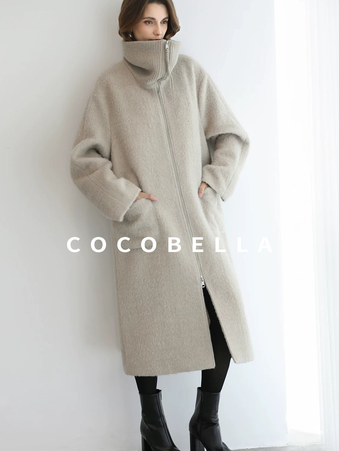 COCOBELLA Cozy Wool Blend Relaxed Fit Stand Collar Long Zipper Pocket Office Oatmeal Coats