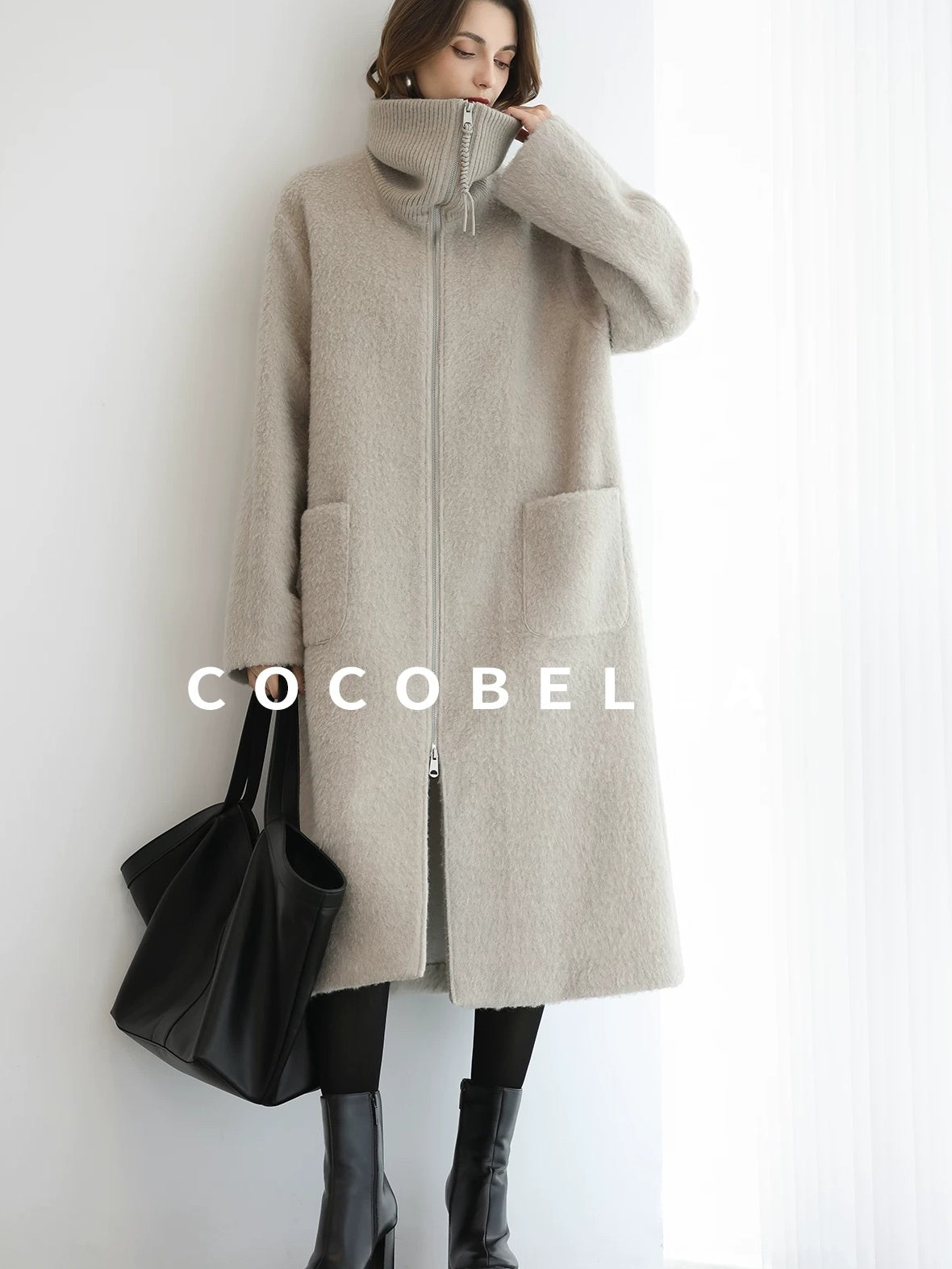 COCOBELLA Cozy Wool Blend Relaxed Fit Stand Collar Long Zipper Pocket Office Oatmeal Coats