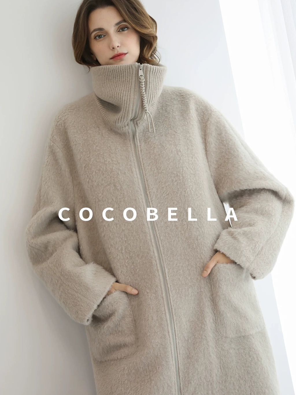 COCOBELLA Cozy Wool Blend Relaxed Fit Stand Collar Long Zipper Pocket Office Oatmeal Coats