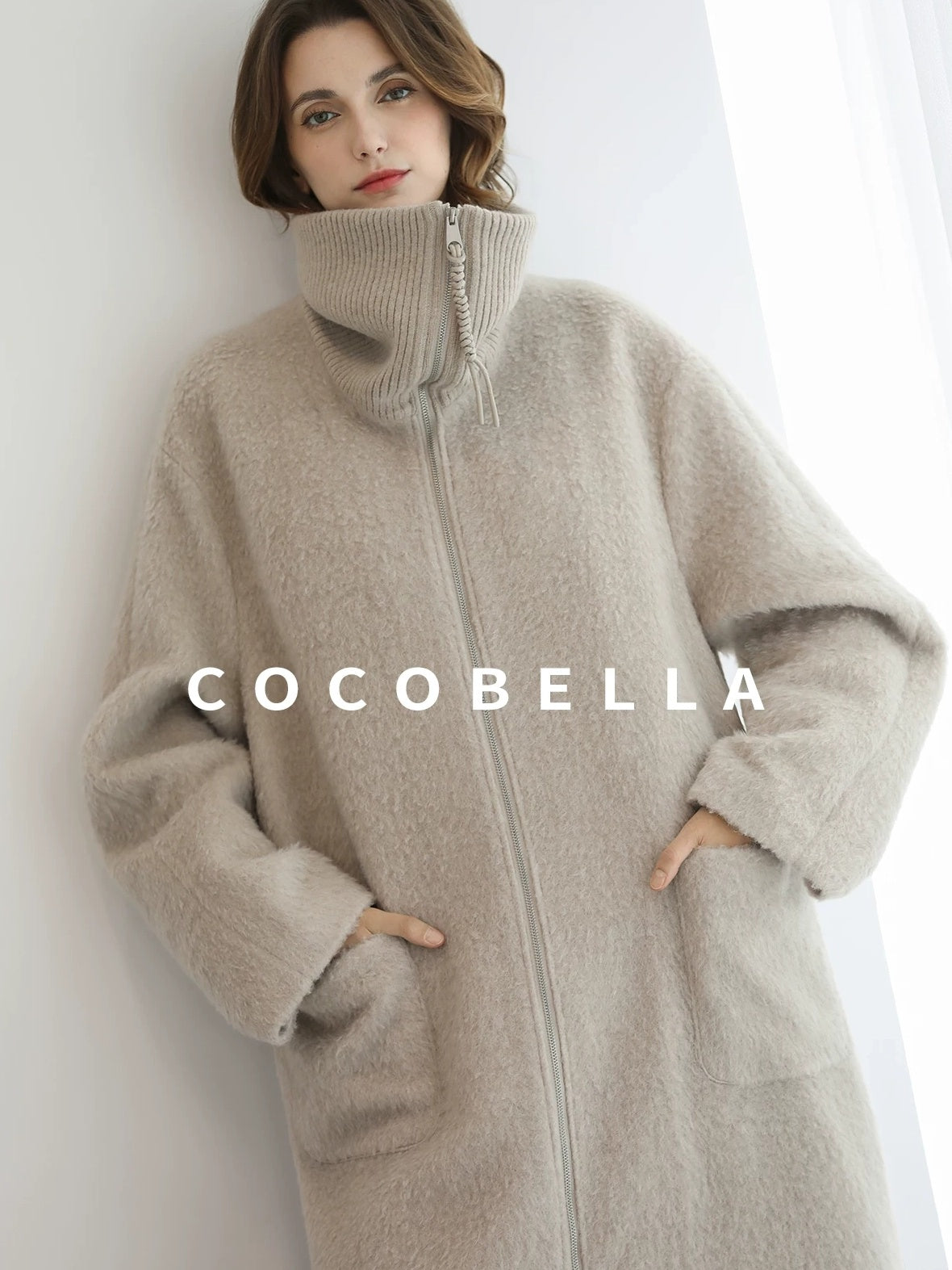 COCOBELLA Cozy Wool Blend Relaxed Fit Stand Collar Long Zipper Pocket Office Oatmeal Coats