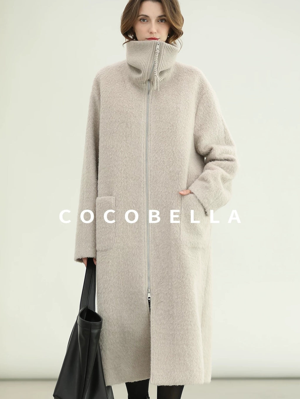 COCOBELLA Cozy Wool Blend Relaxed Fit Stand Collar Long Zipper Pocket Office Oatmeal Coats