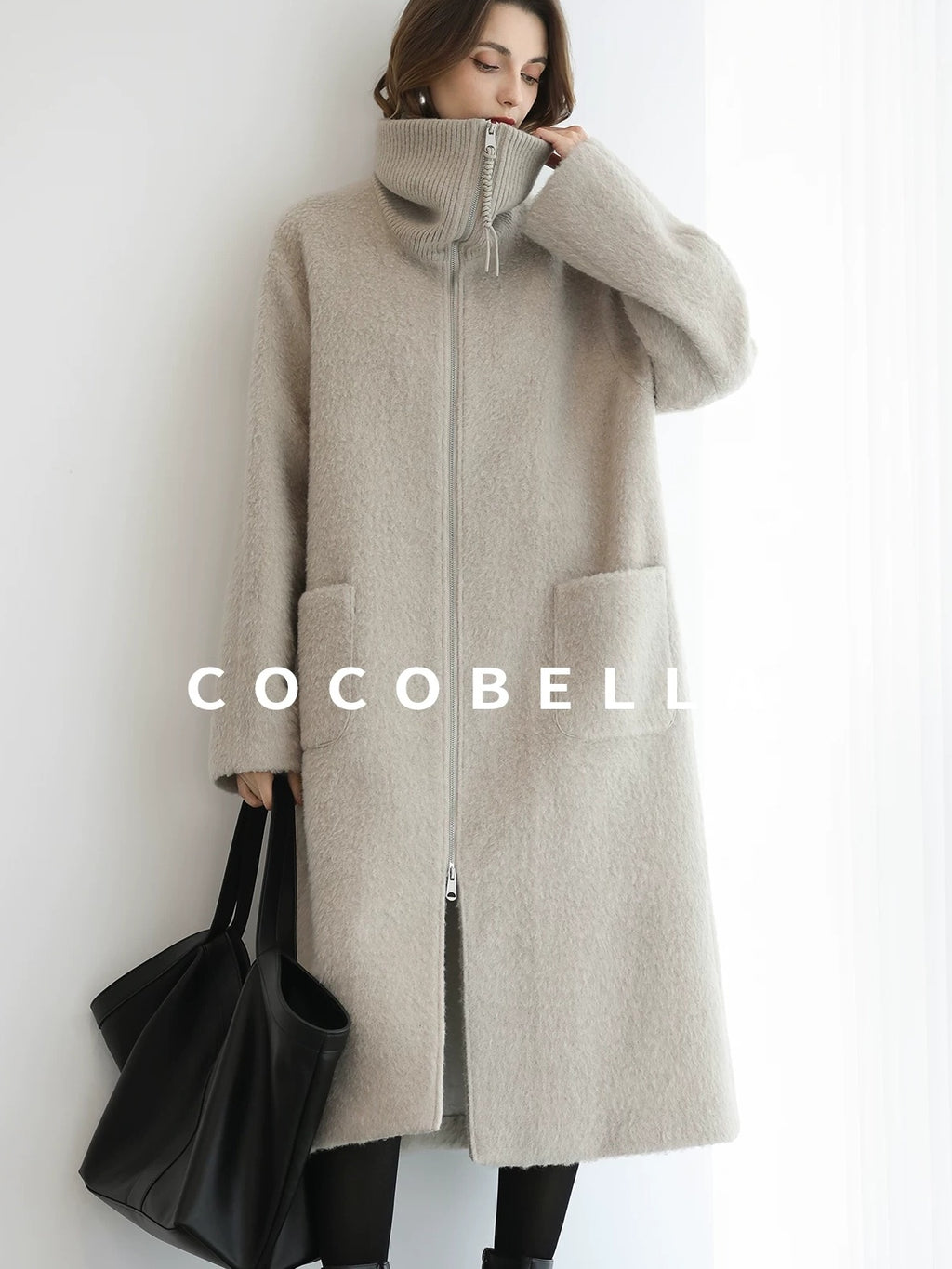COCOBELLA Cozy Wool Blend Relaxed Fit Stand Collar Long Zipper Pocket Office Oatmeal Coats
