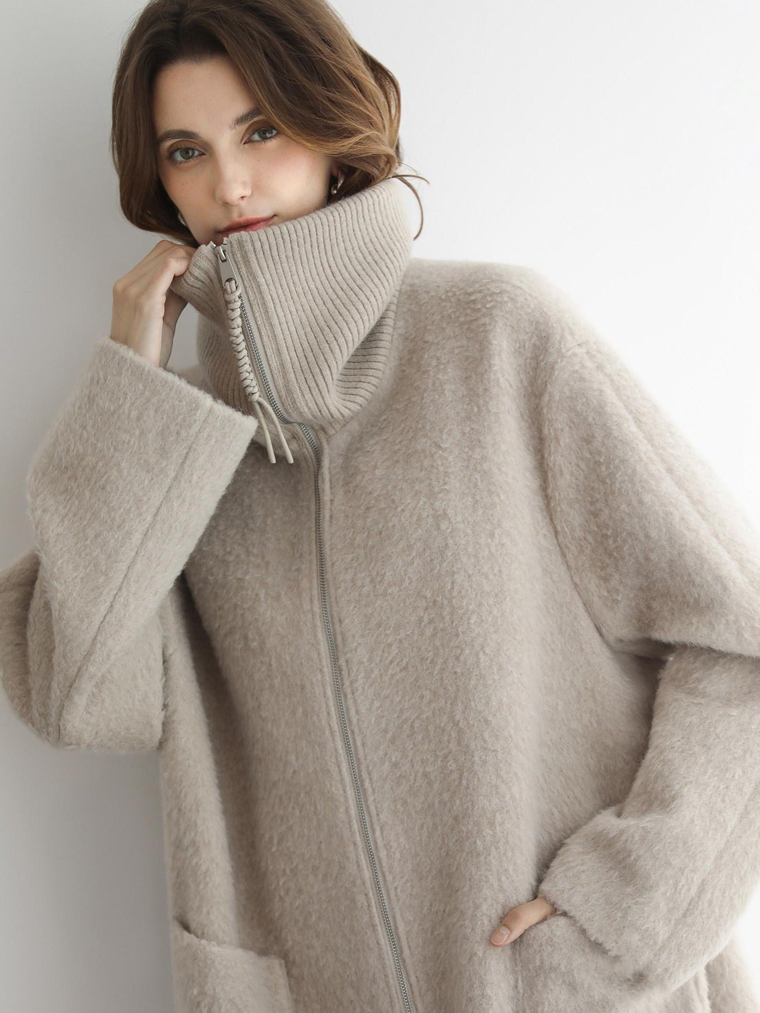 COCOBELLA Cozy Wool Blend Relaxed Fit Stand Collar Long Zipper Pocket Office Oatmeal Coats