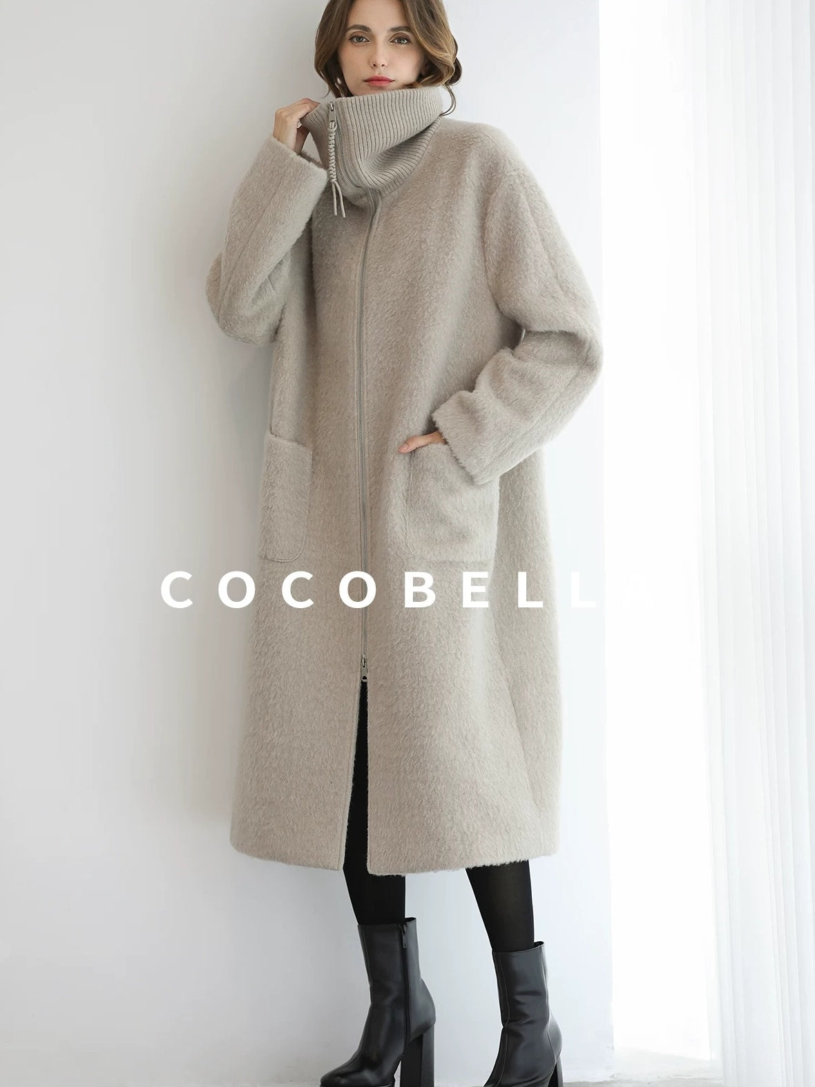 COCOBELLA Cozy Wool Blend Relaxed Fit Stand Collar Long Zipper Pocket Office Oatmeal Coats