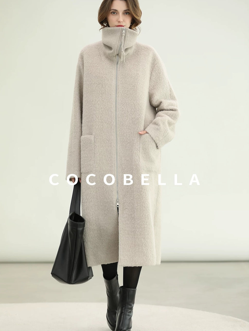 COCOBELLA Cozy Wool Blend Relaxed Fit Stand Collar Long Zipper Pocket Office Oatmeal Coats