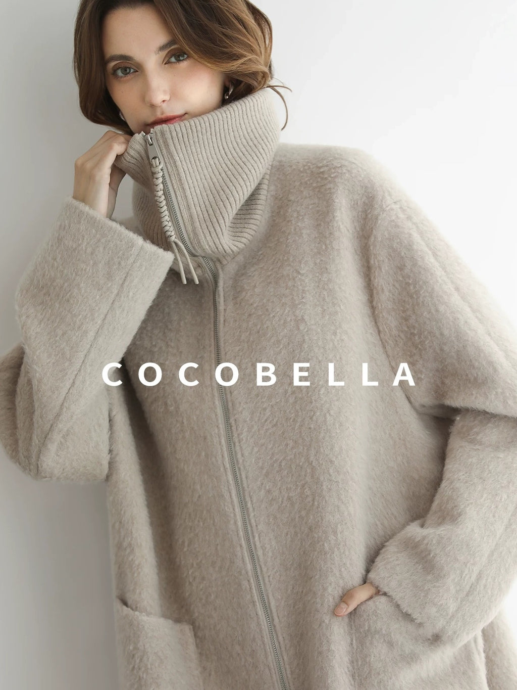 COCOBELLA Cozy Wool Blend Relaxed Fit Stand Collar Long Zipper Pocket Office Oatmeal Coats