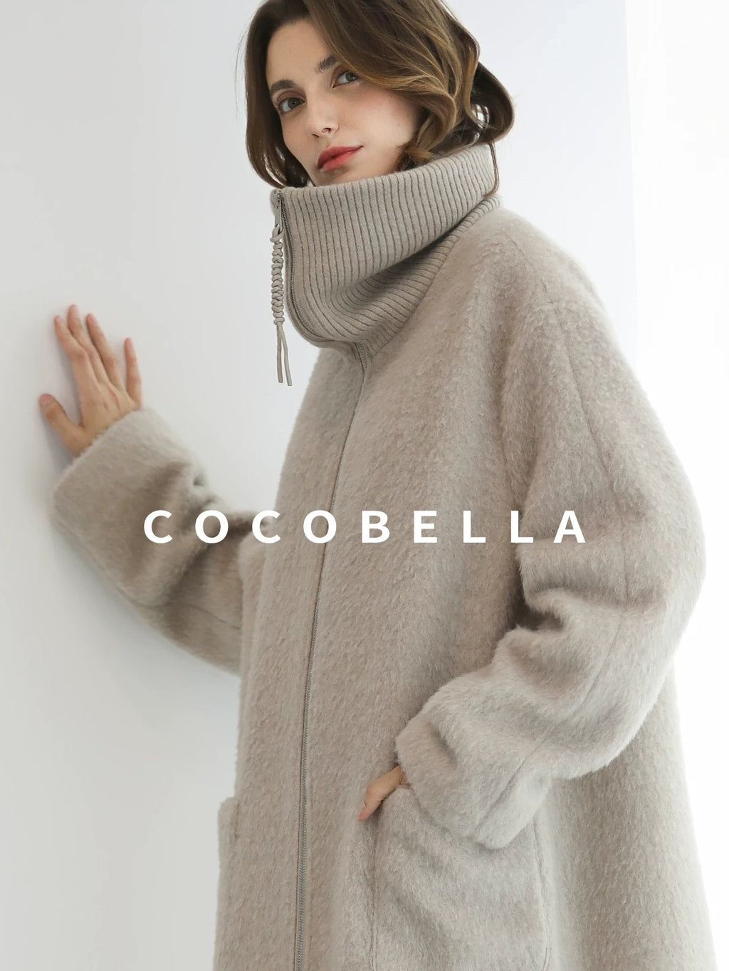 COCOBELLA Cozy Wool Blend Relaxed Fit Stand Collar Long Zipper Pocket Office Oatmeal Coats