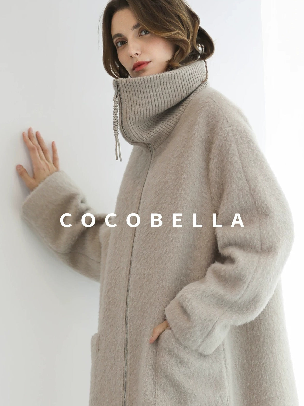 COCOBELLA Cozy Wool Blend Relaxed Fit Stand Collar Long Zipper Pocket Office Oatmeal Coats