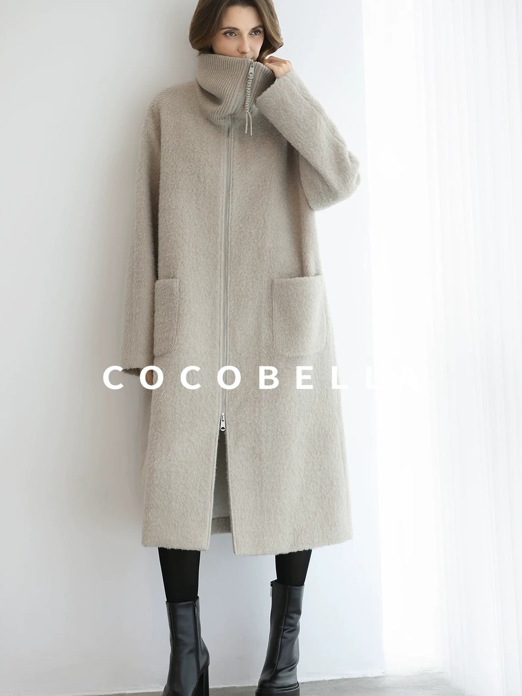 COCOBELLA Cozy Wool Blend Relaxed Fit Stand Collar Long Zipper Pocket Office Oatmeal Coats