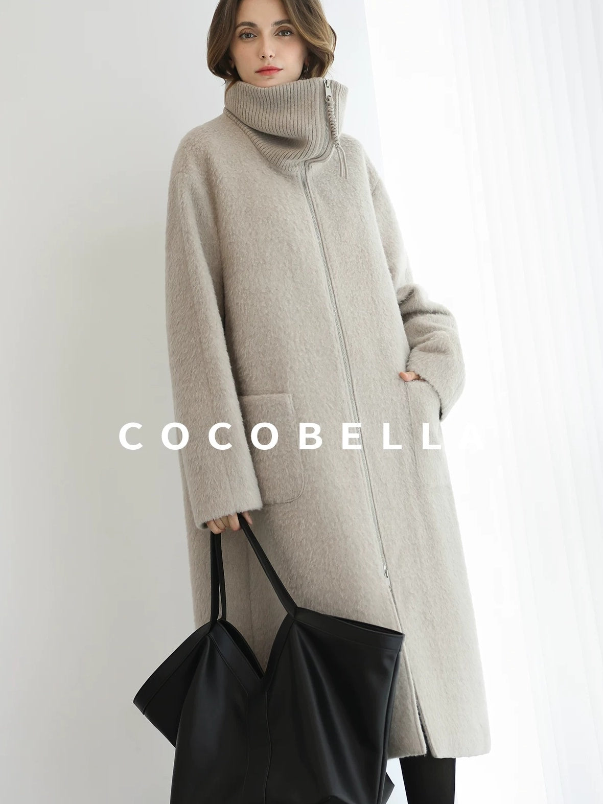 COCOBELLA Cozy Wool Blend Relaxed Fit Stand Collar Long Zipper Pocket Office Oatmeal Coats