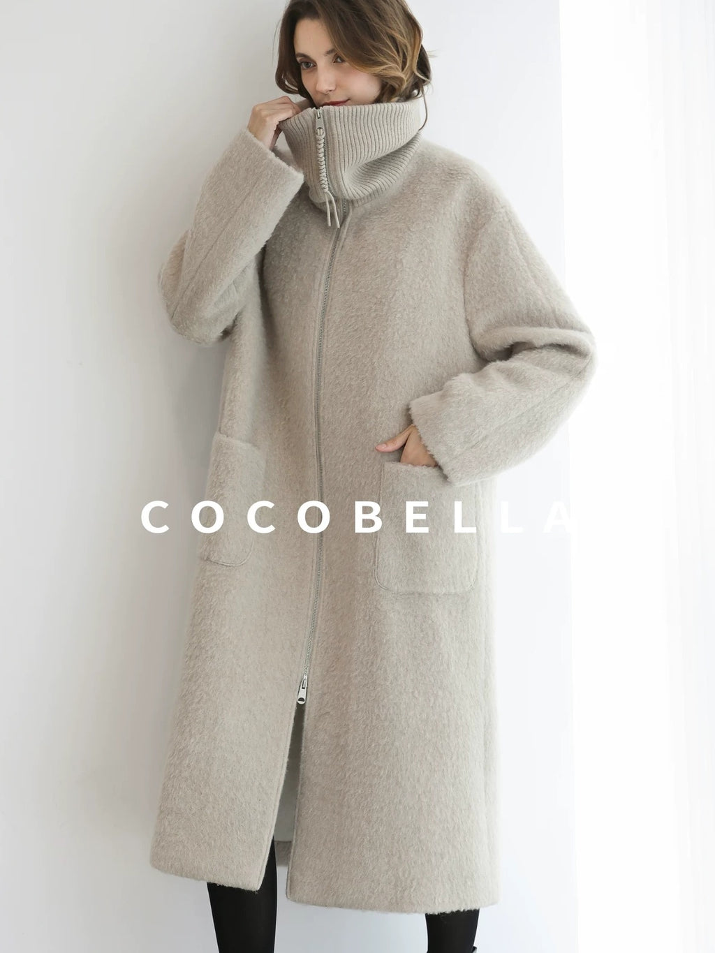 COCOBELLA Cozy Wool Blend Relaxed Fit Stand Collar Long Zipper Pocket Office Oatmeal Coats