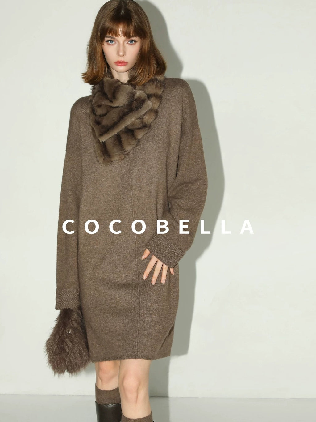 COCOBELLA Cozy Wool Blend Relaxed Knit H Line Jacquard Pullover Crewneck Workwear Dresses