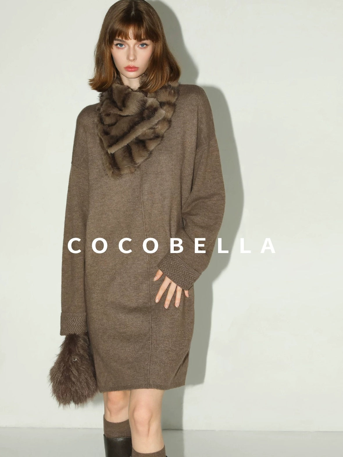 COCOBELLA Cozy Wool Blend Relaxed Knit H Line Jacquard Pullover Crewneck Workwear Dresses