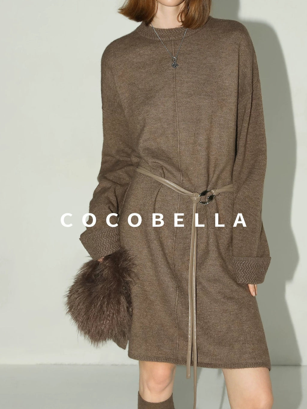 COCOBELLA Cozy Wool Blend Relaxed Knit H Line Jacquard Pullover Crewneck Workwear Dresses