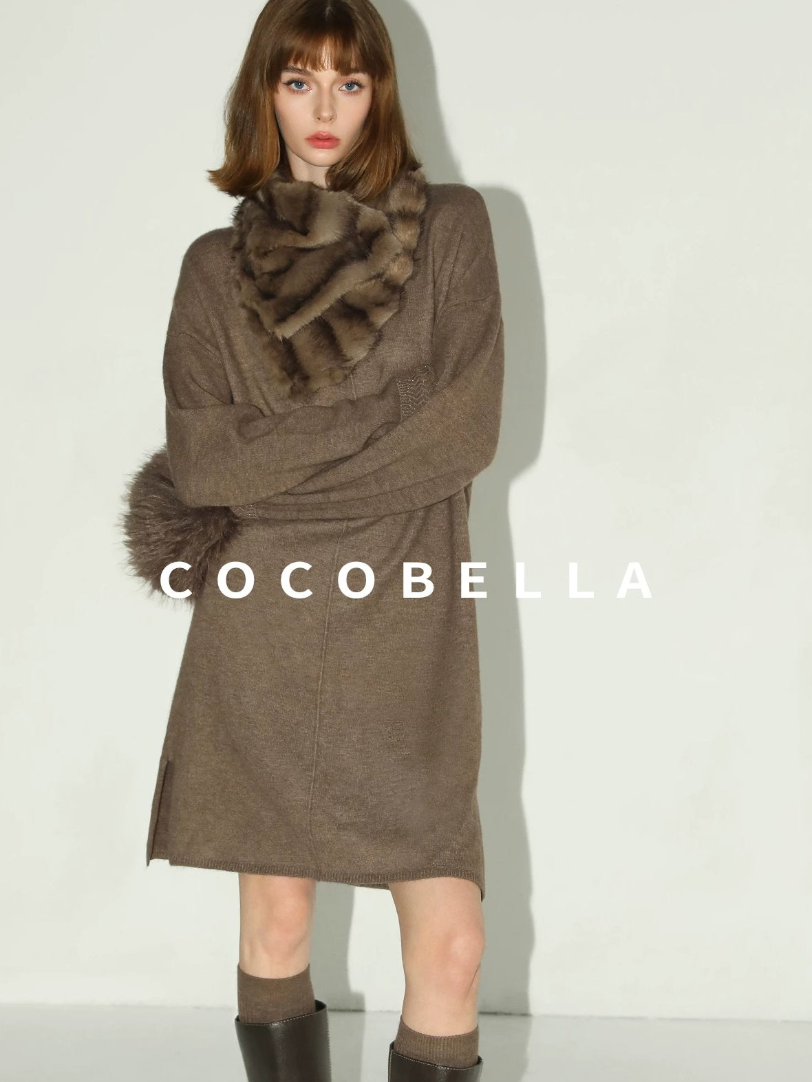 COCOBELLA Cozy Wool Blend Relaxed Knit H Line Jacquard Pullover Crewneck Workwear Dresses