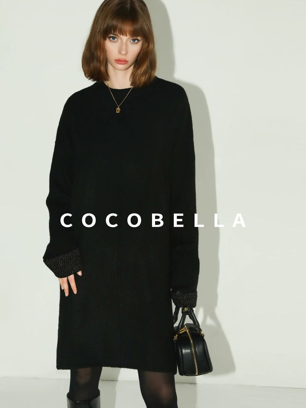 COCOBELLA Cozy Wool Blend Relaxed Knit H Line Jacquard Pullover Crewneck Workwear Dresses