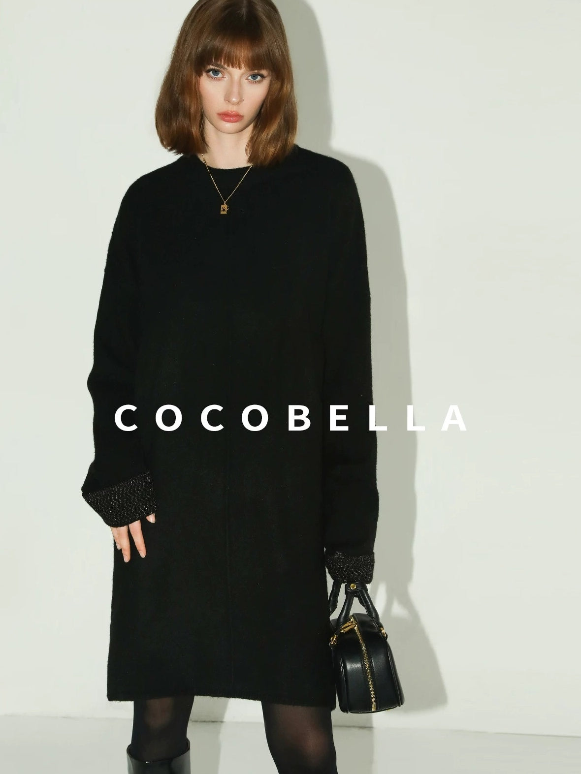 COCOBELLA Cozy Wool Blend Relaxed Knit H Line Jacquard Pullover Crewneck Workwear Dresses