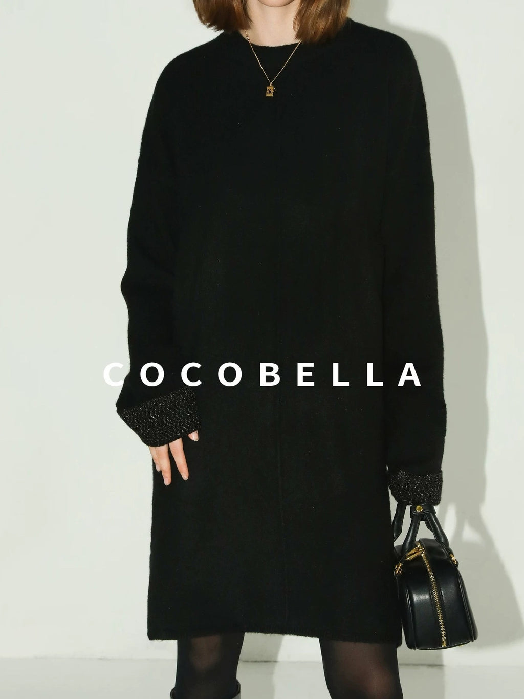 COCOBELLA Cozy Wool Blend Relaxed Knit H Line Jacquard Pullover Crewneck Workwear Dresses