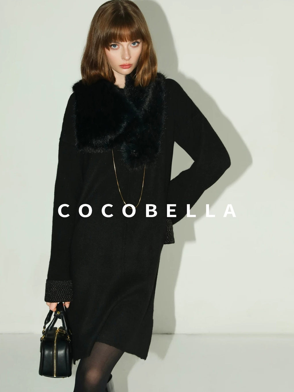COCOBELLA Cozy Wool Blend Relaxed Knit H Line Jacquard Pullover Crewneck Workwear Dresses