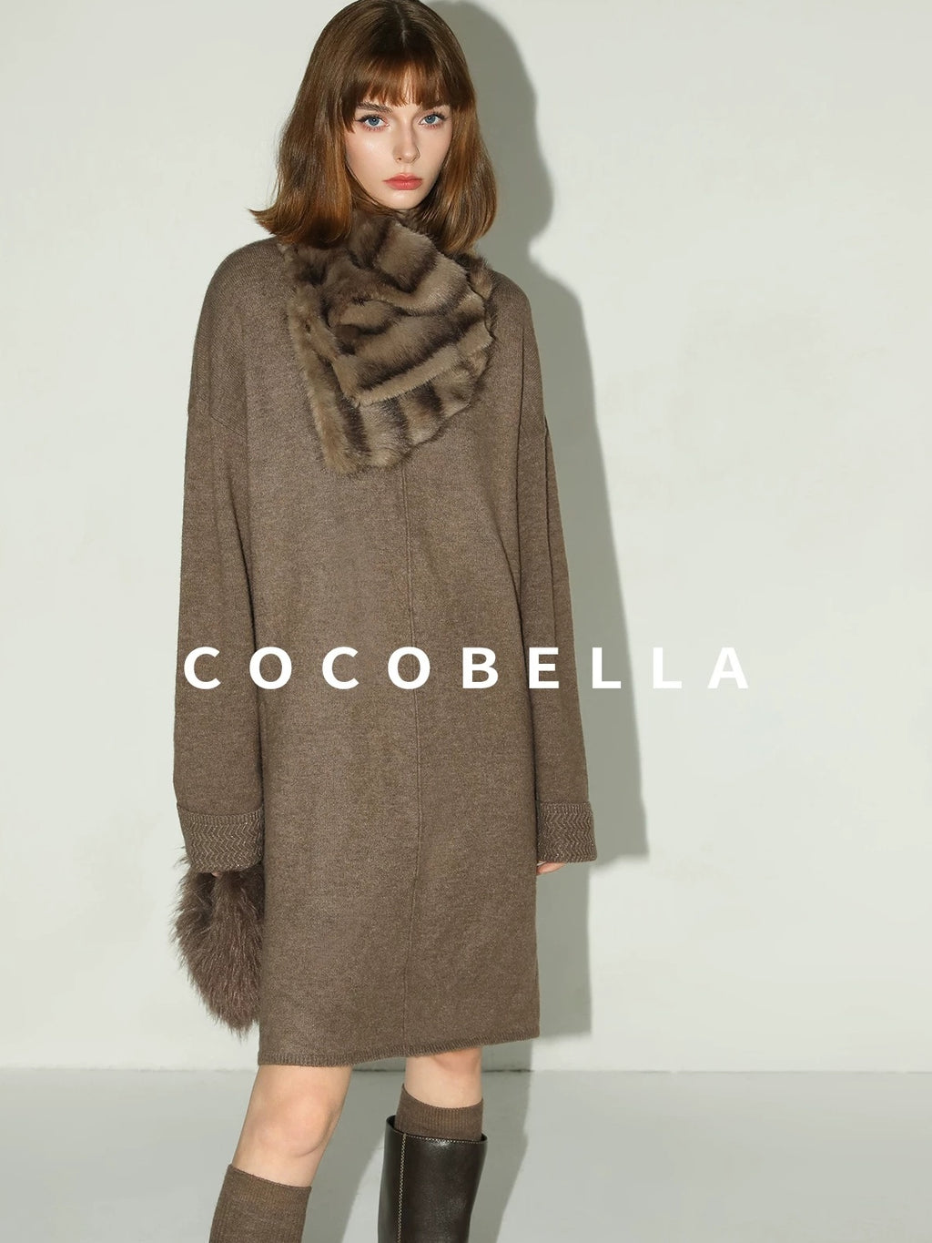 COCOBELLA Cozy Wool Blend Relaxed Knit H Line Jacquard Pullover Crewneck Workwear Dresses