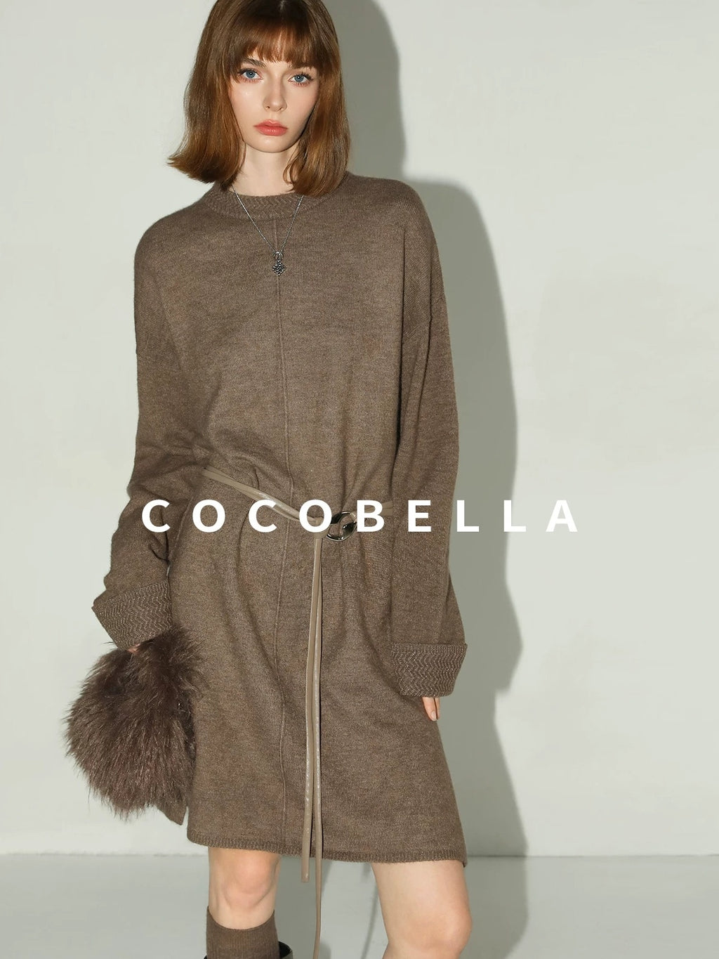 COCOBELLA Cozy Wool Blend Relaxed Knit H Line Jacquard Pullover Crewneck Workwear Dresses