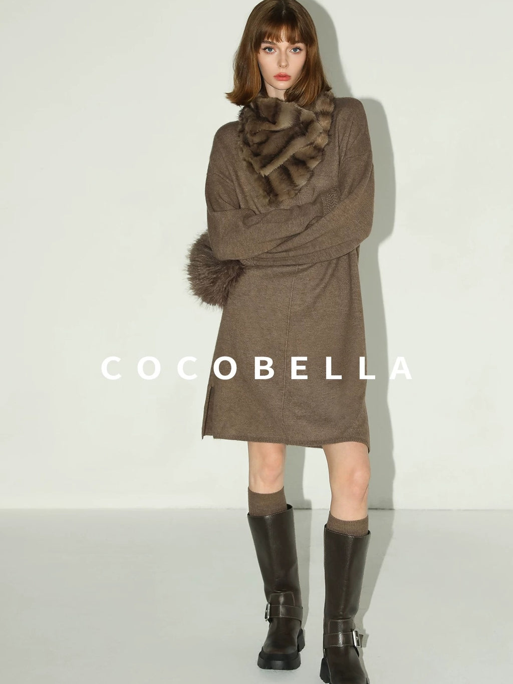 COCOBELLA Cozy Wool Blend Relaxed Knit H Line Jacquard Pullover Crewneck Workwear Dresses