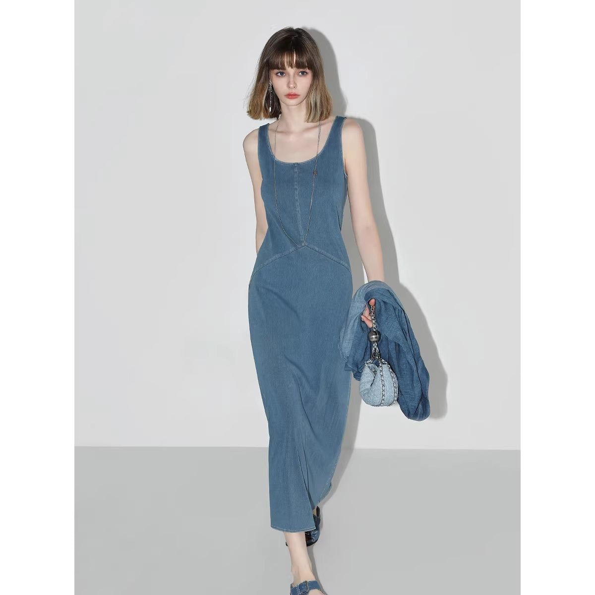 COCOBELLA_Denim_Blue_Patchwork_Street_Straight_U_Neck_Sleeveless_Office_Slip_Dresses_MISSTT