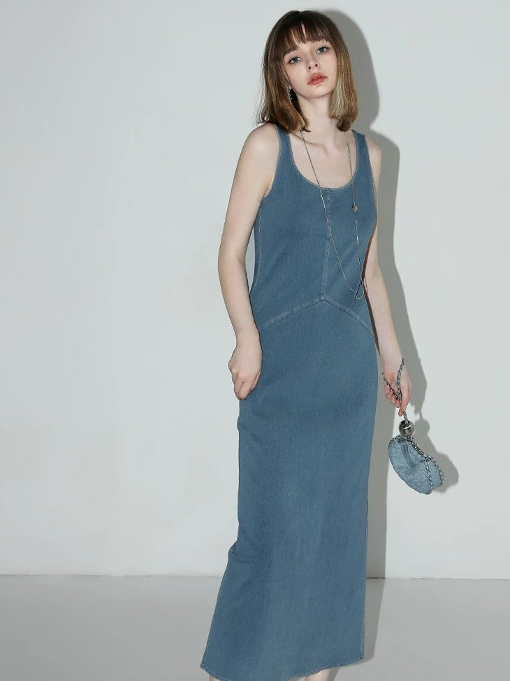 COCOBELLA Denim Blue Patchwork Street Straight U Neck Sleeveless Office Slip Dresses