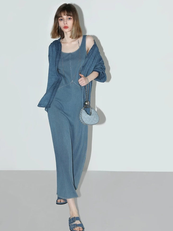 COCOBELLA Denim Blue Patchwork Street Straight U Neck Sleeveless Office Slip Dresses