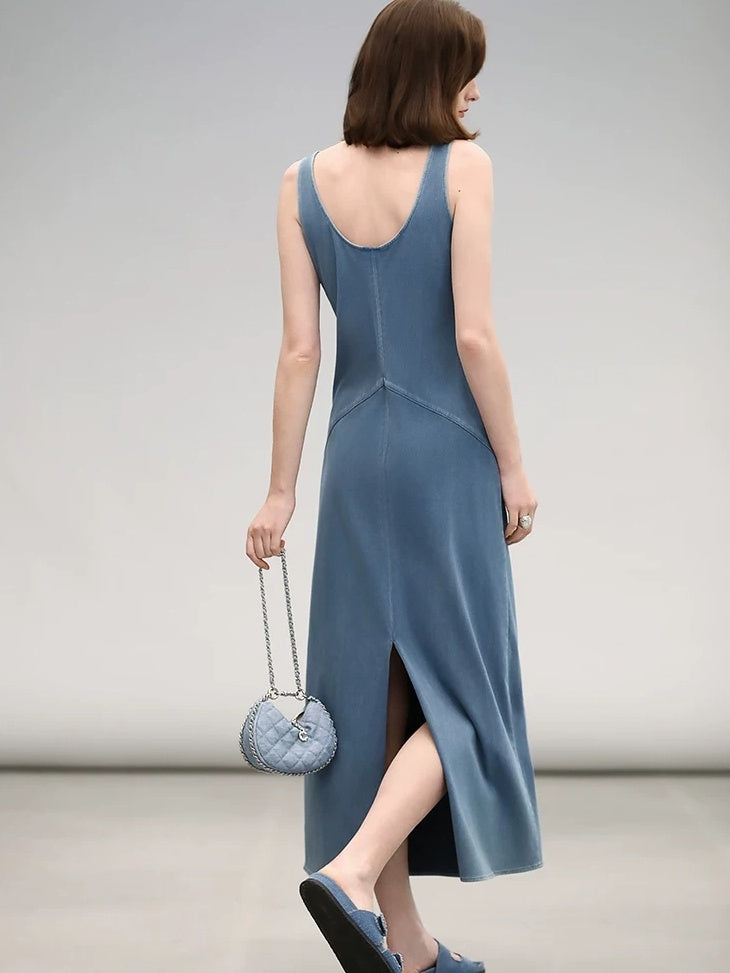 COCOBELLA Denim Blue Patchwork Street Straight U Neck Sleeveless Office Slip Dresses